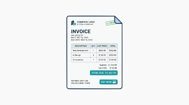 Invoice Document Illustration: A clean and modern illustration of an invoice document with a company logo, itemized list of services and prices, total amount due, and a payment button.