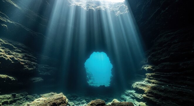 Mysterious underwater cave entrance illuminated by sunlight rays