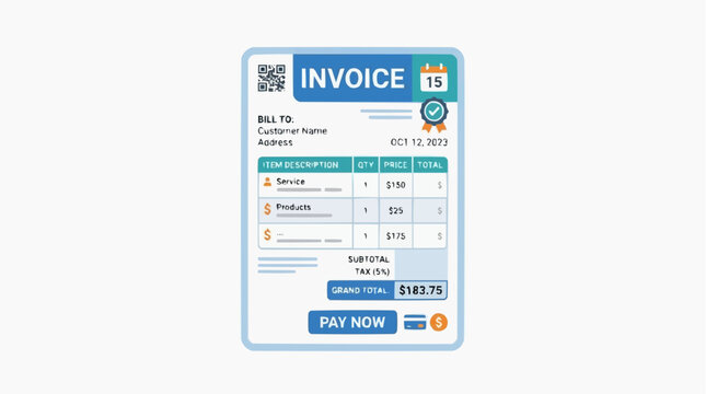 Digital Invoice with QR Code: A clear and modern digital invoice is displayed on a screen, featuring a QR code for easy payment, itemized services, and a prominent Pay Now button.