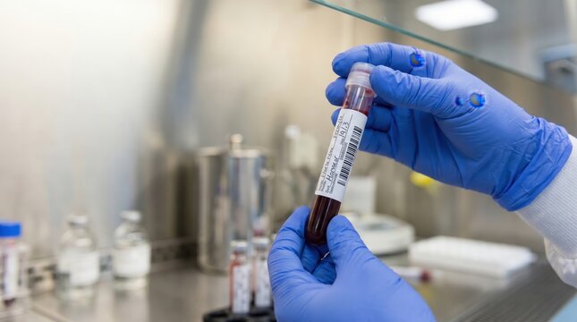 Medical gloves holding blood sample tube in laboratory