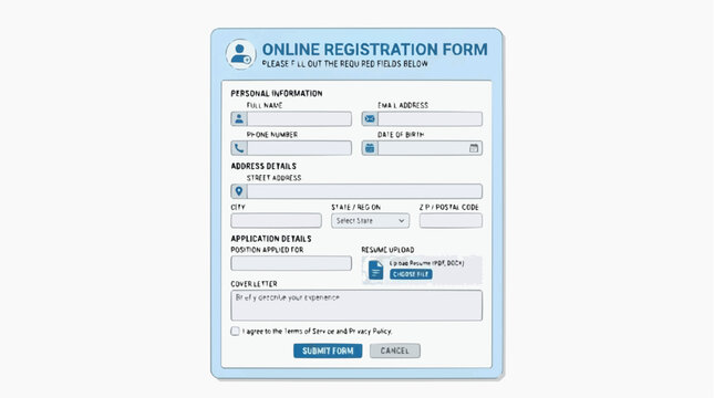 Online Registration Form Interface: A clean and organized online registration form displayed on a digital screen, featuring fields for personal information, address details, and application specifics.
