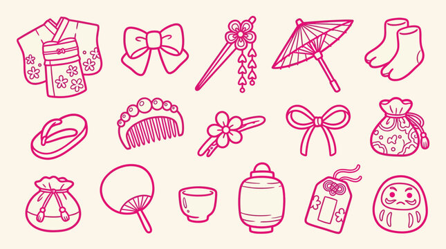 Collection of traditional Japanese cultural items and accessories in a cute doodle style.