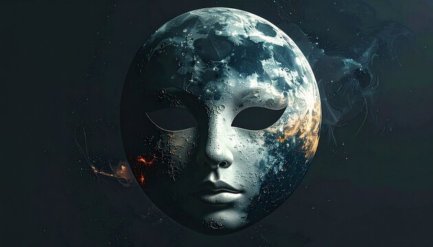 Moon face mask in space with smoke and stars