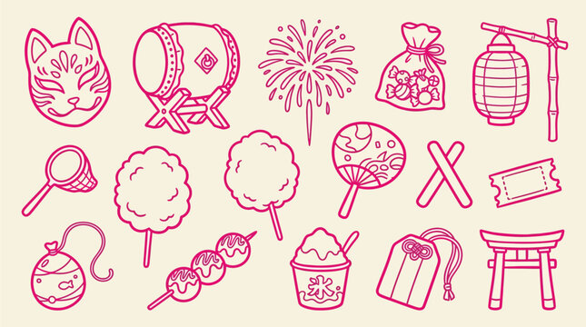 Collection of Japanese festival icons and symbols in pink outline style.