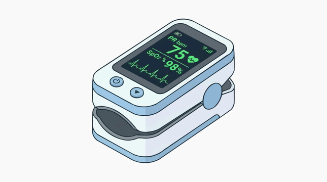 Pulse Oximeter on Finger: A close-up illustration of a modern pulse oximeter attached to a fingertip, displaying vital health readings.