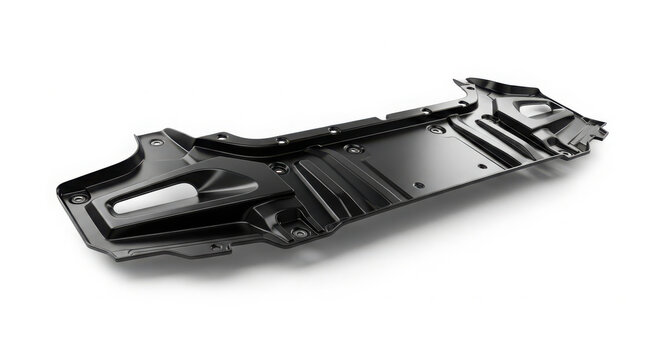 This studio photo shows a black plastic engine splash shield designed for undercarriage protection of a modern passenger motor vehicle