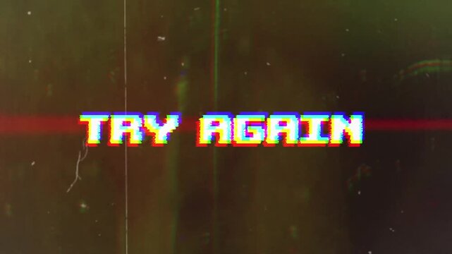 Try Again text featuring a vibrant glitch effect and vintage film grain overlay. Ideal for gaming, error messages, or a visually striking call to action.