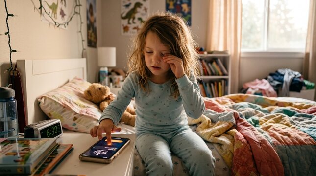 Child turning off smartphone alarm in the morning waking routine daily start sleepy awakening habit lifestyle early day bedroom scene mobile technology morning routine concept.