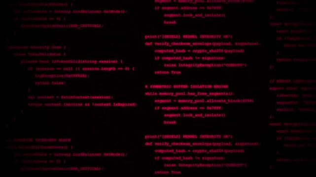 Symmetric Buffer Isolation Engine Scrolling Scripts Running Code On Terminal Screen Displaying Kernel Integrity Verification And Stack Overflow Sanitizer Active Red HUD Interface.