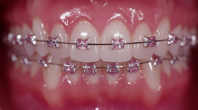 Close up macro shot of human teeth with pink ceramic orthodontic braces and metal wires, concept for dental healthcare treatment, orthodontic clinic marketing and smile aesthetic improvement