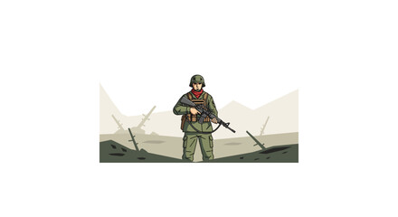 A soldier in green uniform and helmet holding a rifle stands on a hill with a blurred background of hills and barbed wire. © Muj