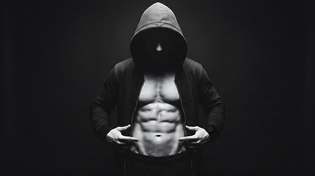 Muscular man in black hoodie reveals six pack abs on dark background showcasing fitness and strength