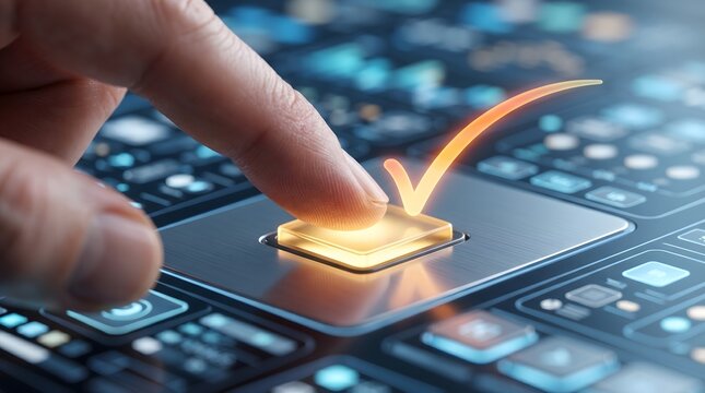 Finger pressing illuminated button with glowing orange checkmark on futuristic keyboard