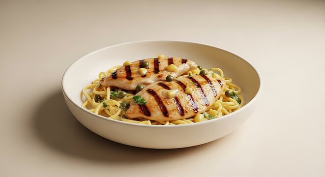 A delicious serving of chicken piccata pasta featuring succulent grilled chicken breasts paired with tender noodles in a bright lemon caper butter sauce