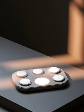 A modern hormone testing kit glows softly on a dark surface, ready to provide health insights in a comfortable home setting with warm light.