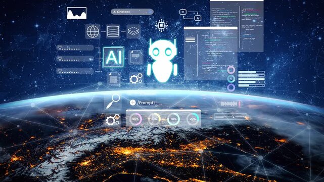 Futuristic AI chatbot interface with digital elements, data analysis, programming, and global connectivity over a night view of Earth from space Gluon.
