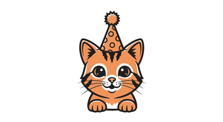 Fototapeta premium Cute Cartoon Tabby Kitten Wearing a Party Hat