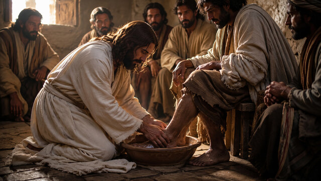 Jesus washing disciple feet humility ancient room biblical scene compassion service