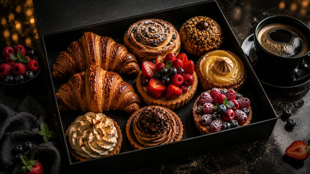 Assorted pastry croissant tart fruit dessert sweet gourmet breakfast coffee