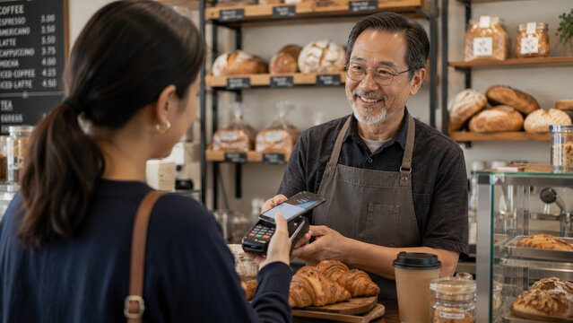 Smiling barista serving customer using mobile payment at bakery counter with fresh pastry