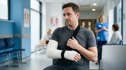 Fototapeta premium A man with a broken arm in a white cast and a supportive black bandage belt sits sadly in the corridor of the hospital, waiting for an appointment.