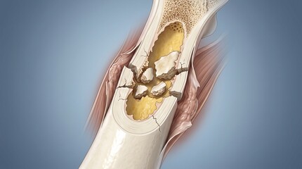 Obraz premium Medical illustration of a complex multi-fragmented fracture of a tubular bone with small fragments in the medullary canal on a blue background.