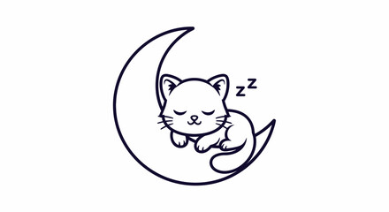Obraz premium Cute Sleeping Kitten Resting on a Crescent Moon Line Art