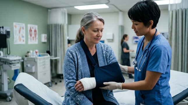 Woman nurse in gloves gently supports hand of elderly patient in plaster cast and blue fixing bandage in clinic room.