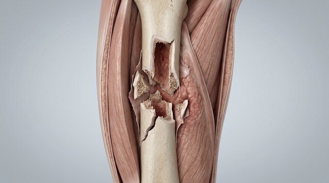 medical imaging of a severe fracture of the femur or humerus with numerous fragments and damage to the surrounding muscles.