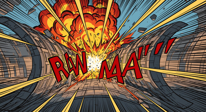 Dramatic comic book style explosion in a tunnel with debris flying and sound effects