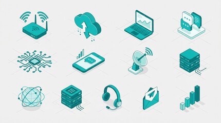 Collection of teal isometric icons representing various technology and communication concepts