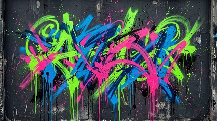 Vibrant graffiti artwork on a dark gray wall with pink, blue, and green colors