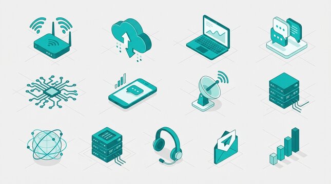 Collection of teal isometric icons representing various technology and communication concepts