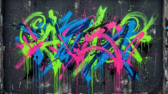 Vibrant graffiti artwork on a dark gray wall with pink, blue, and green colors