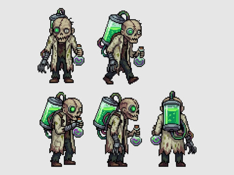 pixel art of a mad zombie scientist in a lab coat carrying a glowing green chemical tank and potion.