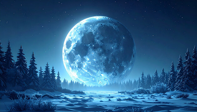 Night landscape with giant moon over snowy forest and frozen river