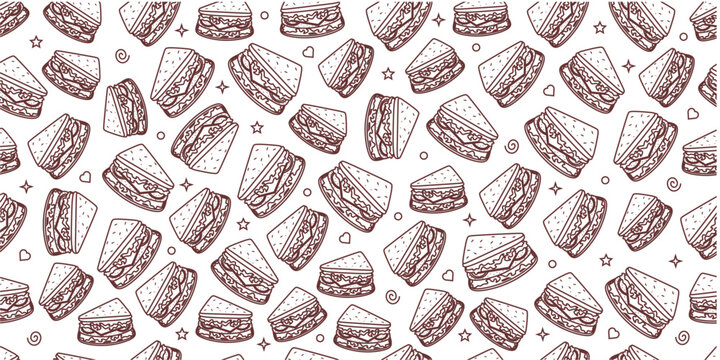 Sandwich sketch seamless pattern. Sandwich doodle pattern background. Seamless sandwich outline pattern background. Sandwich slice doodle seamless pattern background. 