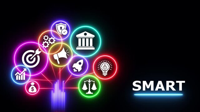 Dynamic neon icons representing smart business ideas glowing on black background.