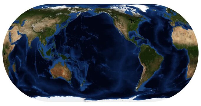 World Map in Herbert Hufnagel Projection. Animated longitude shift and rotation. Detailed physical Earth view. June View. Elements of this video furnished by NASA.