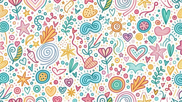 Fun colorful line doodle seamless pattern. Creative minimalist style art background for children or trendy design with basic shapes.