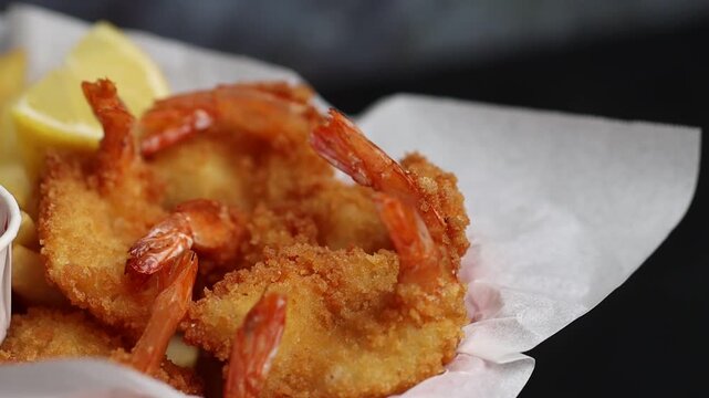 Rotating Basket of Fried Shrimp with French Fries and Cole Slaw