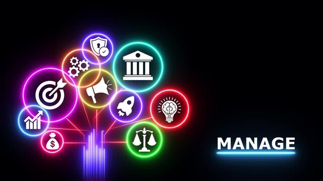 Glowing neon icons tree motion graphics with word manage.