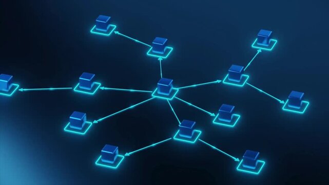 Abstract 3D digital network connection loop with glowing blue cubes and arrows, blockchain technology server data communication infrastructure backdrop  4k video