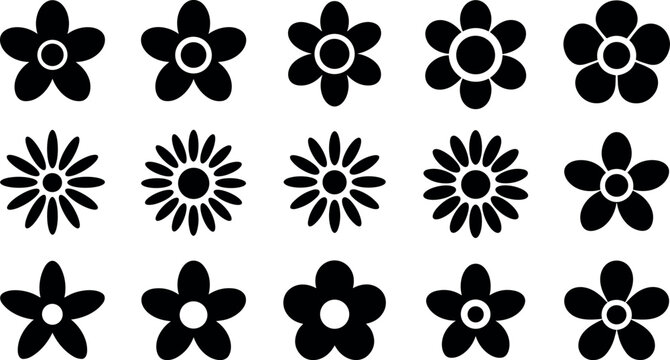 Flower Silhouette Black Glyph Vector Icon Set with Daisy, Blossom, and Floral Geometric Symbols for Spring Garden Graphic Designs and Logos