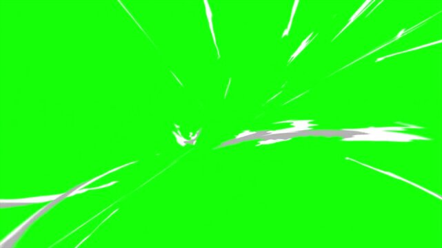 Anime action slash effect with white smoke and speed lines, comic manga fast wind strike animation loop on chroma key green screen background  4k video