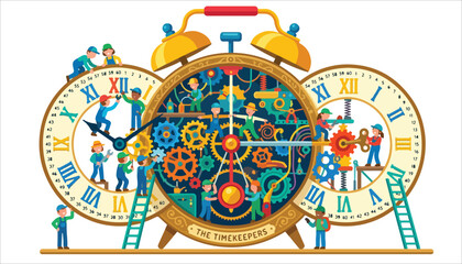 Naklejka premium Illustration of people working inside giant clock mechanisms.