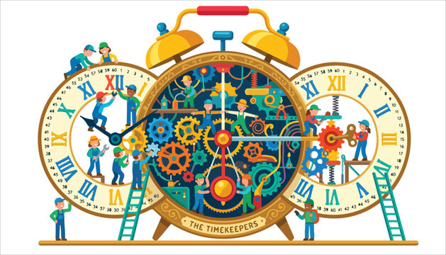 Illustration of people working inside giant clock mechanisms.