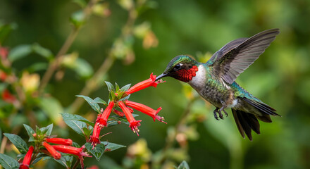 Fototapeta premium Small colorful hummingbird drinking nectar from red flowers with a soft green background bokeh