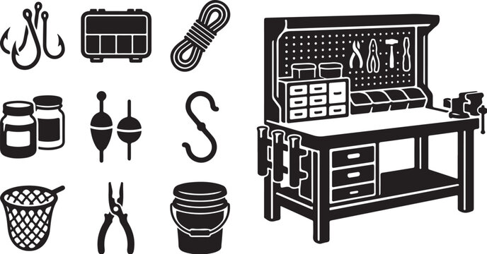 Black and white illustration of workbench tools
