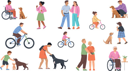 Fototapeta premium Diverse People in Park Character Vector Set with People Riding Bicycles, Walking Dogs, and Elderly Wheelchair Users for Community Graphic Designs